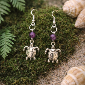 Boucle d'oreille tortue avec véritable pierre améthyste