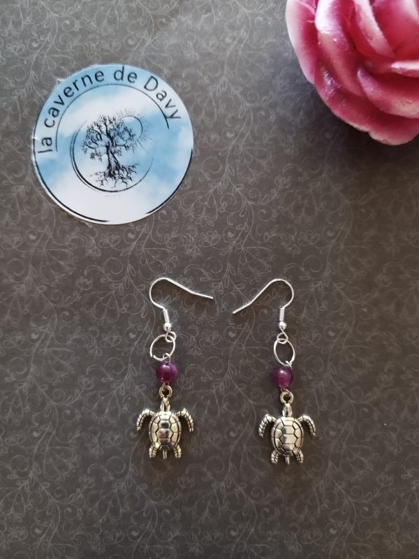 Boucle d'oreille tortue avec véritable pierre améthyste