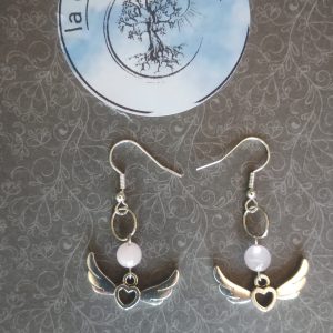 Boucle d oreille aile d'ange avec véritable pierre de quartz rose