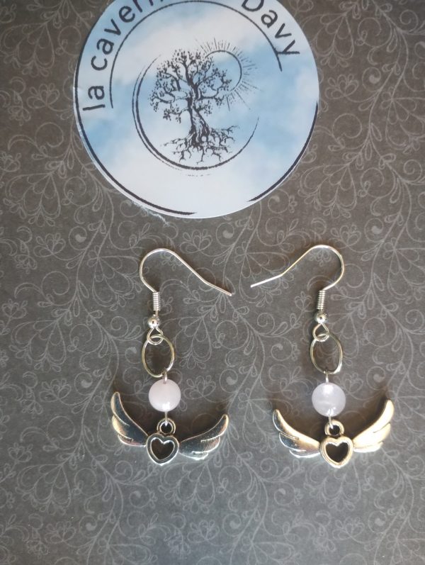 Boucle d oreille aile d'ange avec véritable pierre de quartz rose