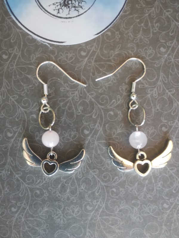 Boucle d oreille aile d'ange avec véritable pierre de quartz rose – Image 2
