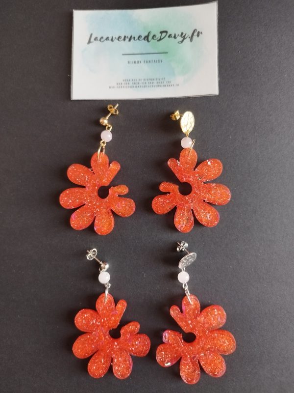 Boucles d'oreilles fleur a paillette avec pierre de quartz rose