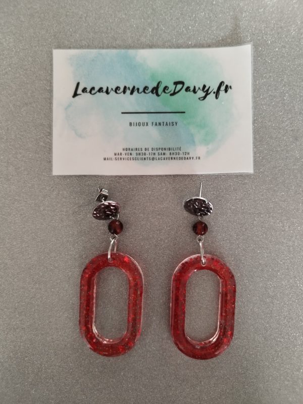 Boucles d'oreilles ovale a paillette rouge avec pierre œil de tigre – Image 3