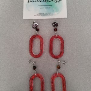 Boucles d'oreilles ovale a paillette rouge avec pierre œil de tigre