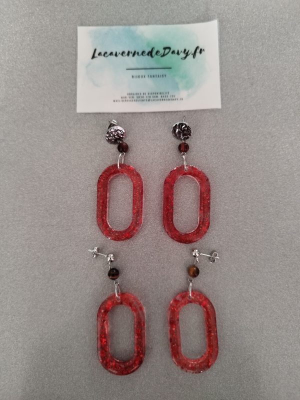 Boucles d'oreilles ovale a paillette rouge avec pierre œil de tigre