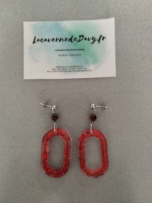 Boucles d'oreilles ovale a paillette rouge avec pierre œil de tigre – Image 2