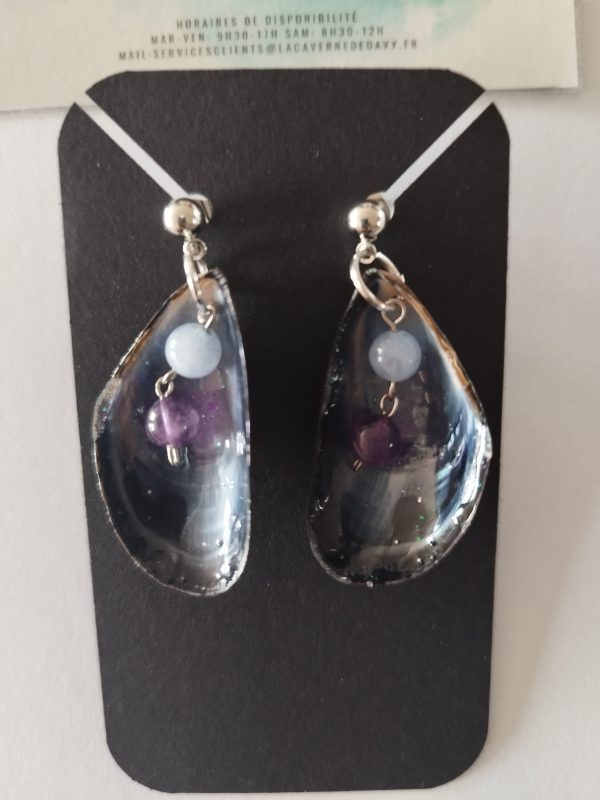 Boucles d'oreille Coquillage bivalve avec pierre aigue-marine et améthyste – Image 2