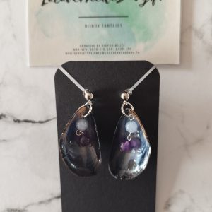 Boucles d'oreille Coquillage bivalve avec pierre aigue-marine et améthyste