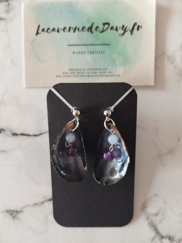 Boucles d'oreille Coquillage bivalve avec pierre aigue-marine et améthyste