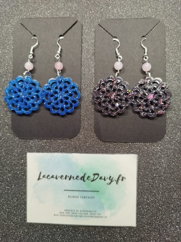 Boucles d'oreilles mandala pailletée avec pierre de quartz rose