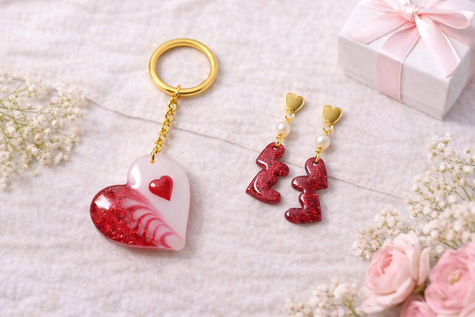 “Parure fantaisie Cœur Passion – boucles d’oreilles et porte-clé – idée cadeau Saint-Valentin”